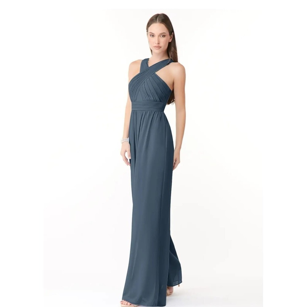 Azazie Berdie Neptune Blue Chiffon Halter Wide Leg Formal Jumpsuit A4 NWT